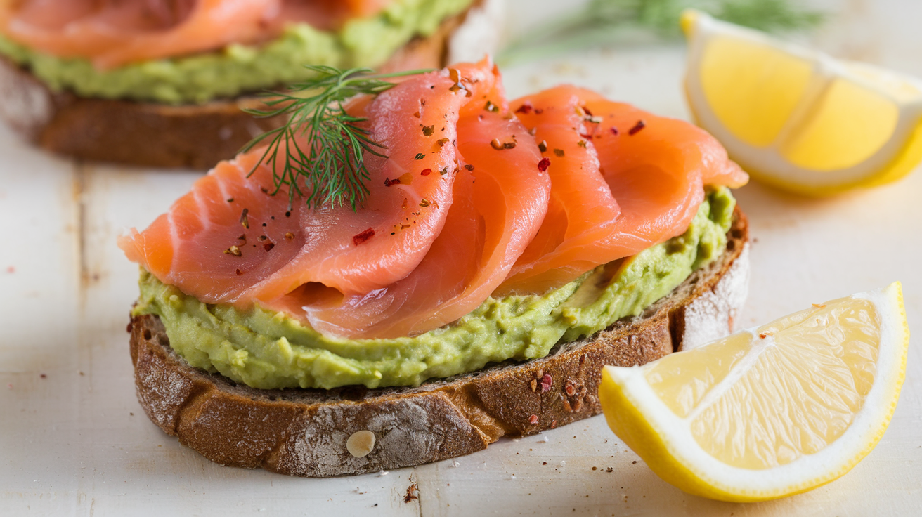 Healthy salmon for breakfast on avocado toast with lemon slices