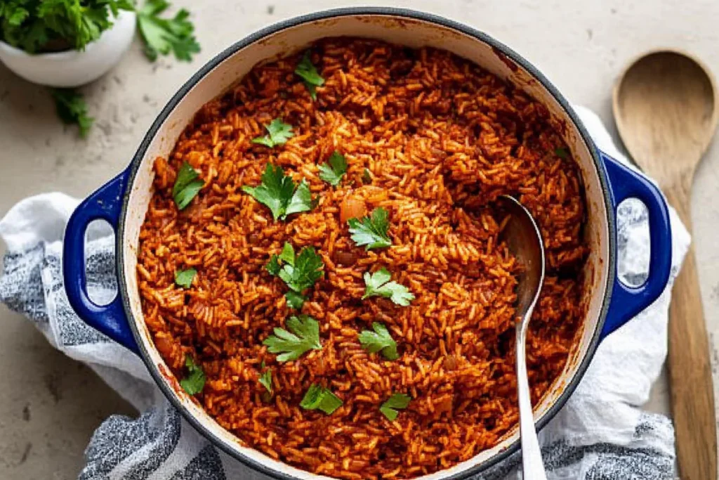 Storing leftover red rice in an airtight container for later use.