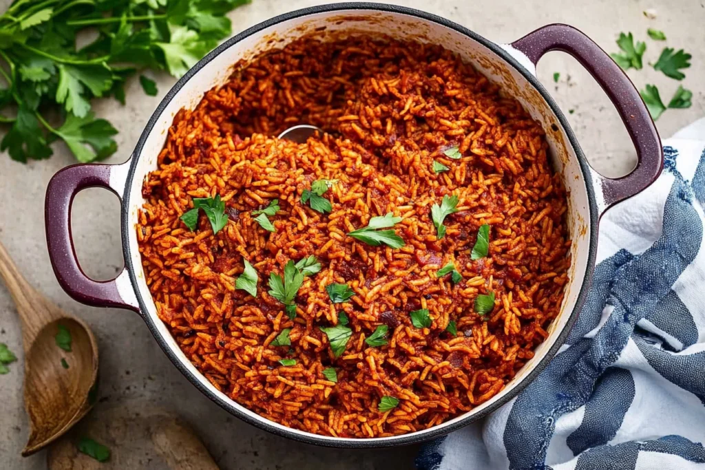 A delicious serving of red rice paired with a vegetable curry.