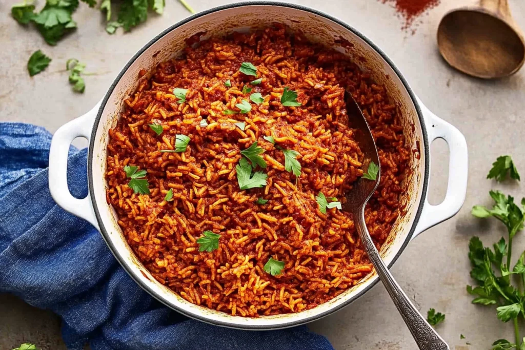 Red rice being cooked on the stovetop in a pot with water