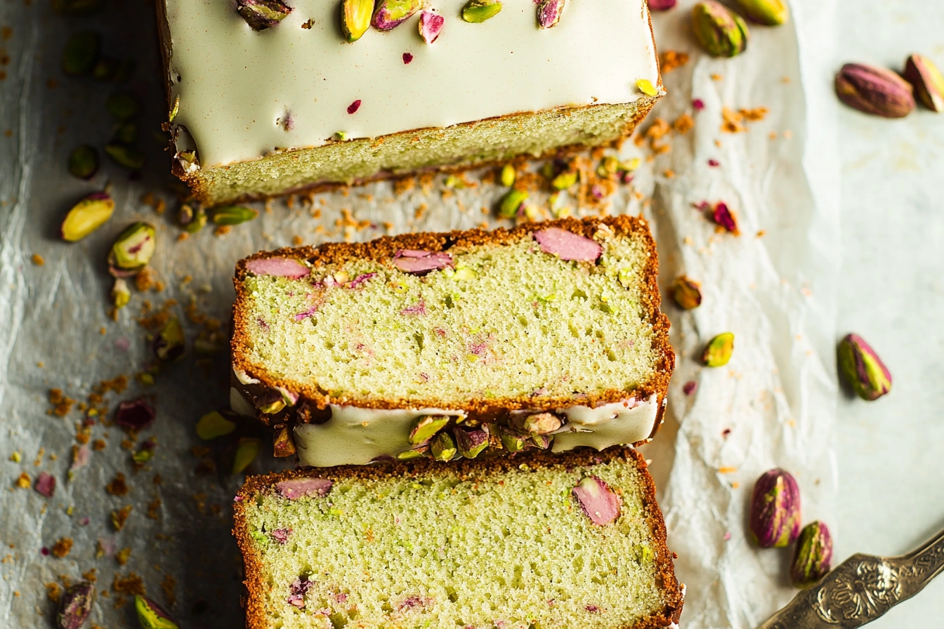 Gluten-free pistachio bread loaf on a wooden table