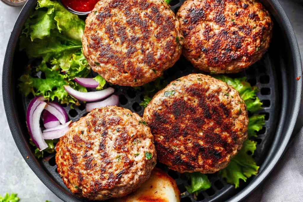 Air Fryer Turkey Burgers cooking in a basket, sizzling to golden perfection