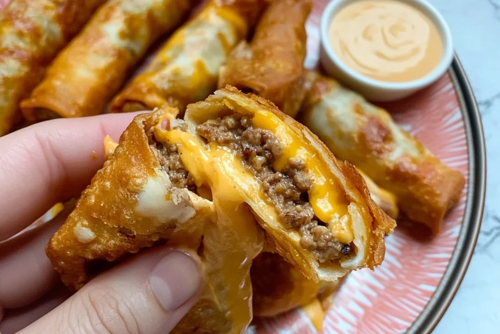 Assembling cheeseburger egg rolls with ground beef, cheese, and pickles wrapped in egg roll wrappers.