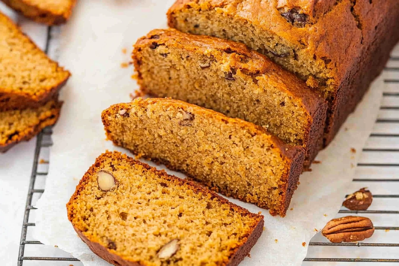 Freshly baked sweet potato bread on a cooling rack with a golden-brown crust.