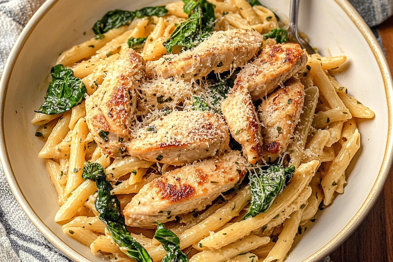 Plate of creamy garlic Parmesan chicken pasta with parsley garnish."