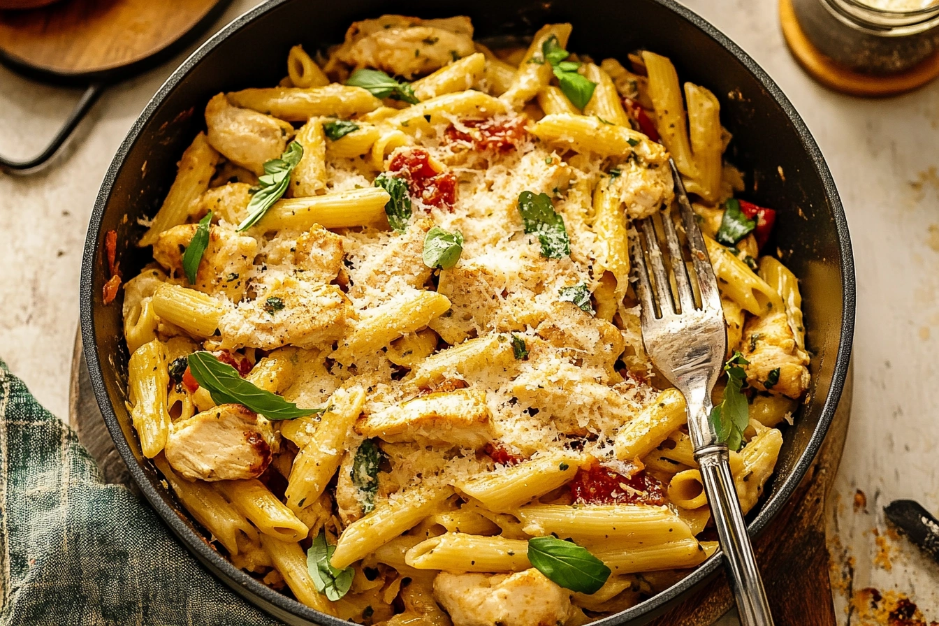 Ingredients for Marry Me Chicken Pasta neatly arranged on a kitchen counter.