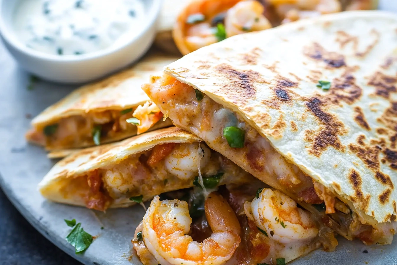 Shrimp quesadilla recipe with melted cheese and shrimp on a plate.