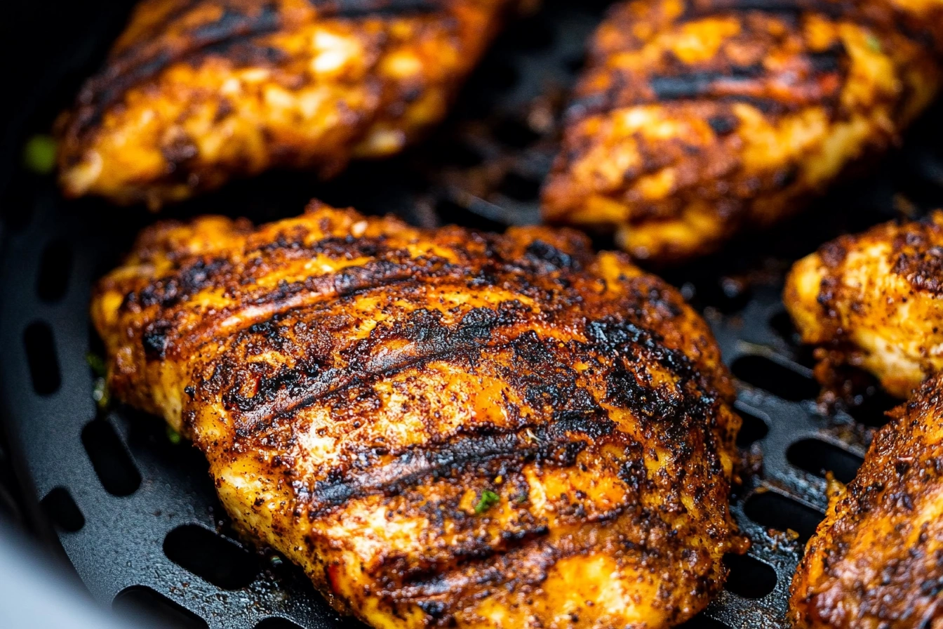 Chicken marinating with spices and lemon for grilled chicken in air fryer.