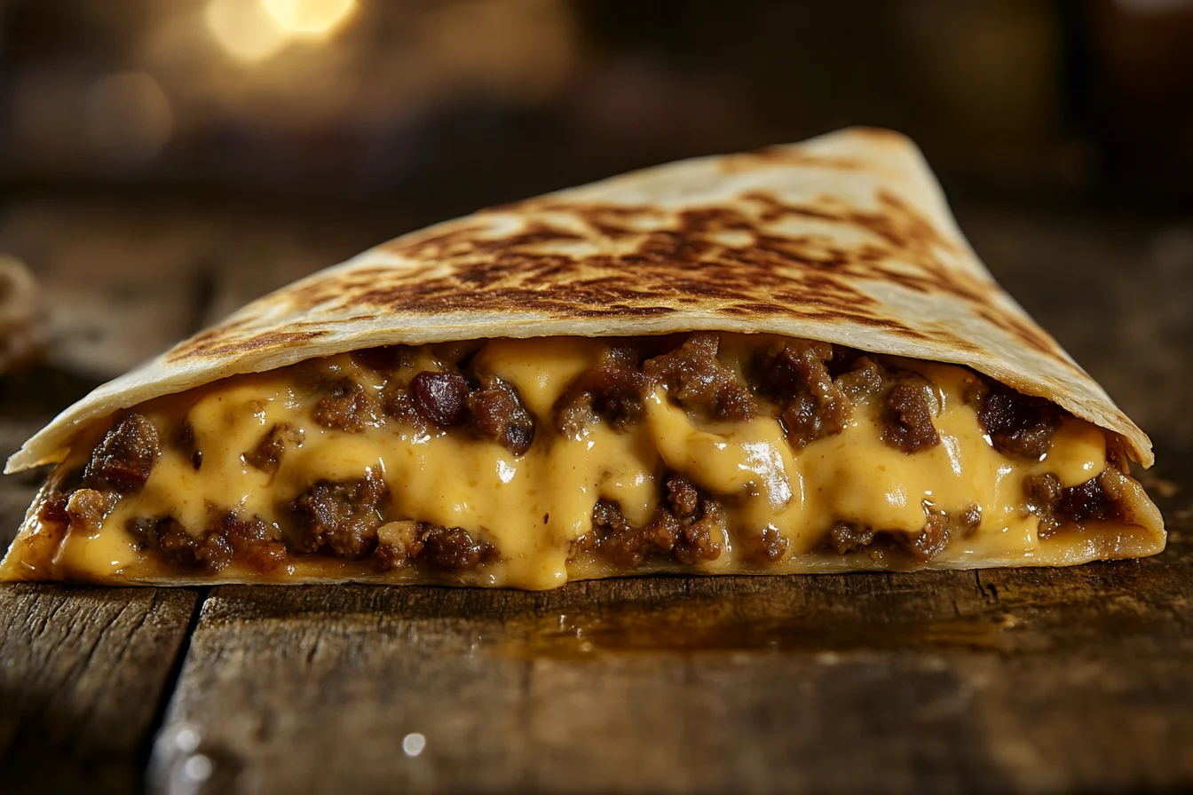 Taco Bell quesadilla with creamy jalapeño sauce, showcasing the rich, smooth texture of the sauce drizzled over a crispy quesadilla.