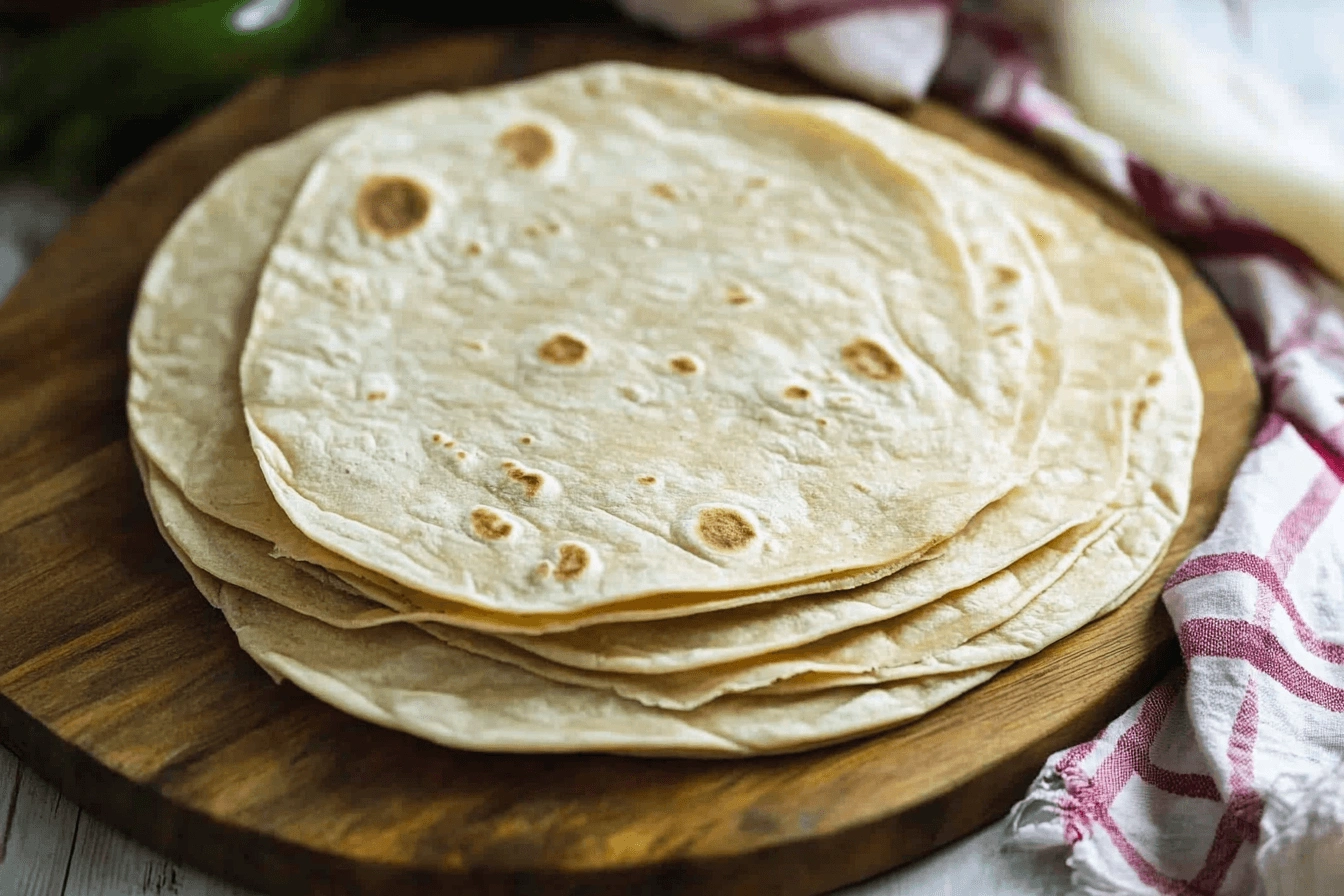 Ingredients for tortillas without baking powder, including flour, water, and oil.