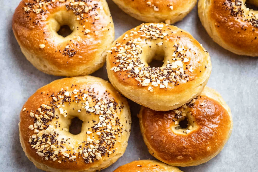 Shaping dough into round bagels for air frying.