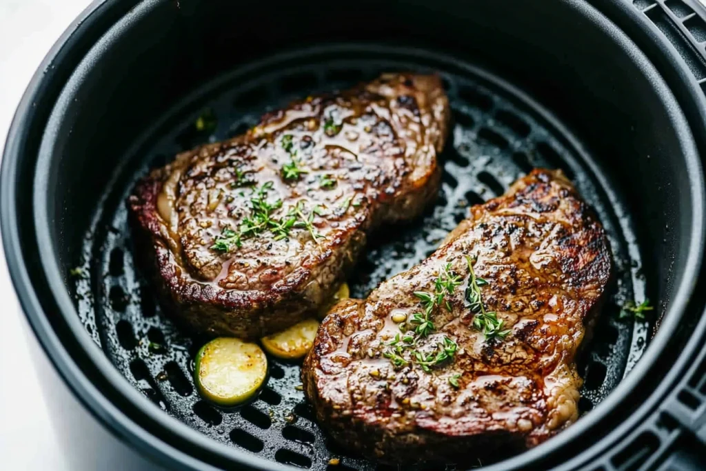 Air Fryer Steak cooked to perfection in the basket.