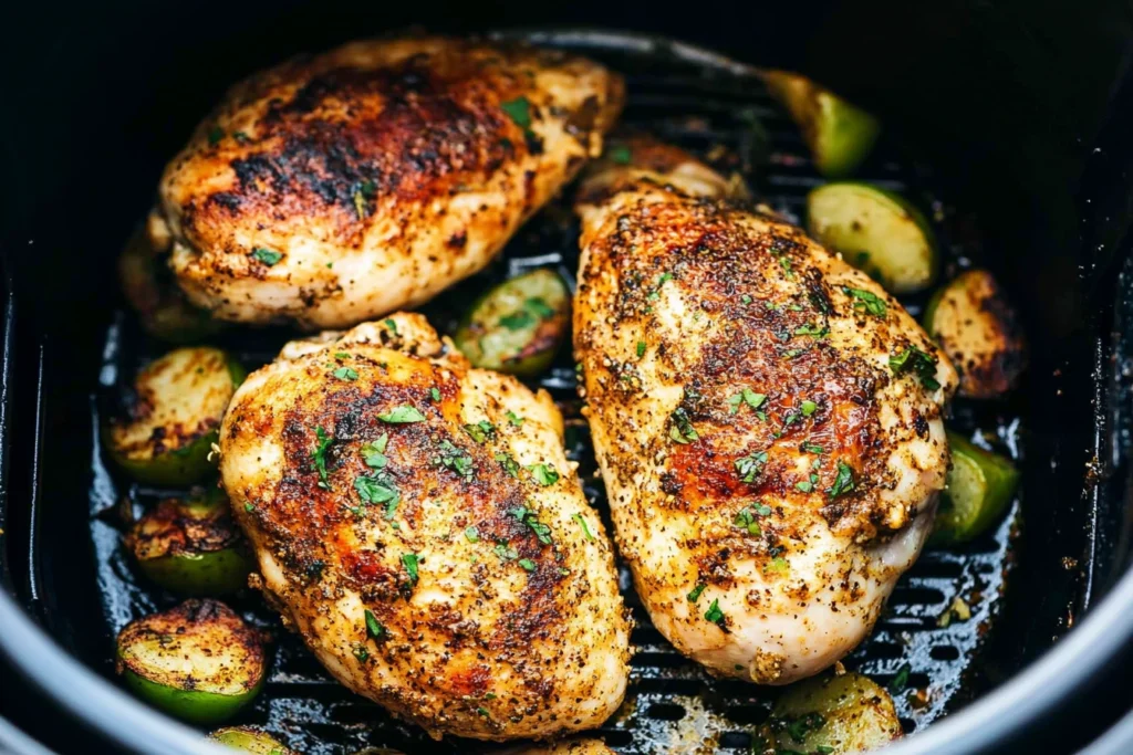 Tender and juicy air fryer chicken in a basket, cooked to golden perfection.