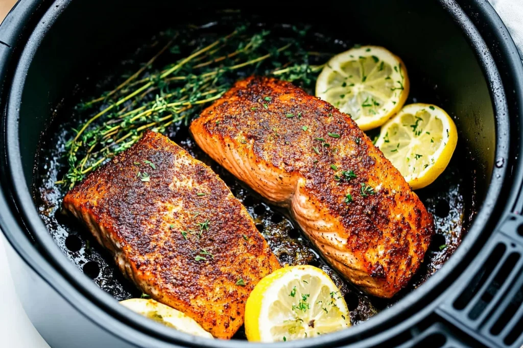 Perfectly cooked salmon with crispy skin on a plate.