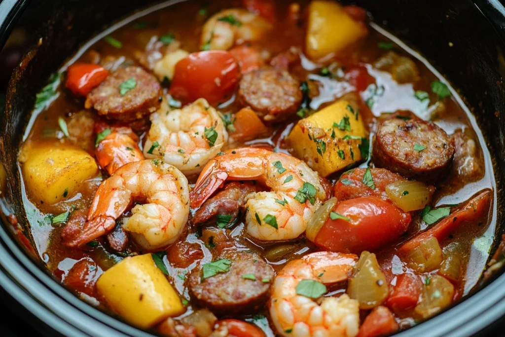 A bowl of Slow Cooker Jambalaya with chicken, sausage, and vegetables.