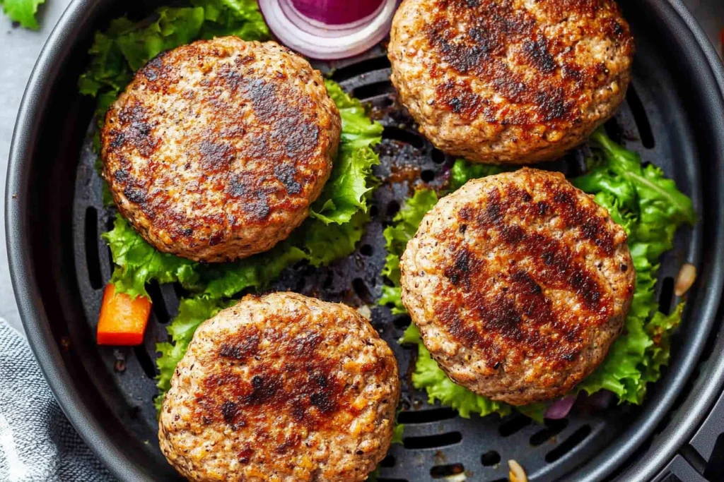 Plated Air Fryer Turkey Burger topped with fresh lettuce, tomato, and cheese