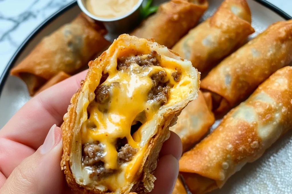 Golden brown cheeseburger egg rolls fried to crispy perfection.