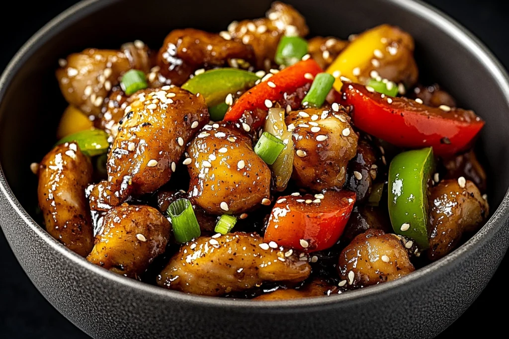 A plate of Delicious Black Pepper Chicken served with rice and garnished with green onions and sesame seeds.