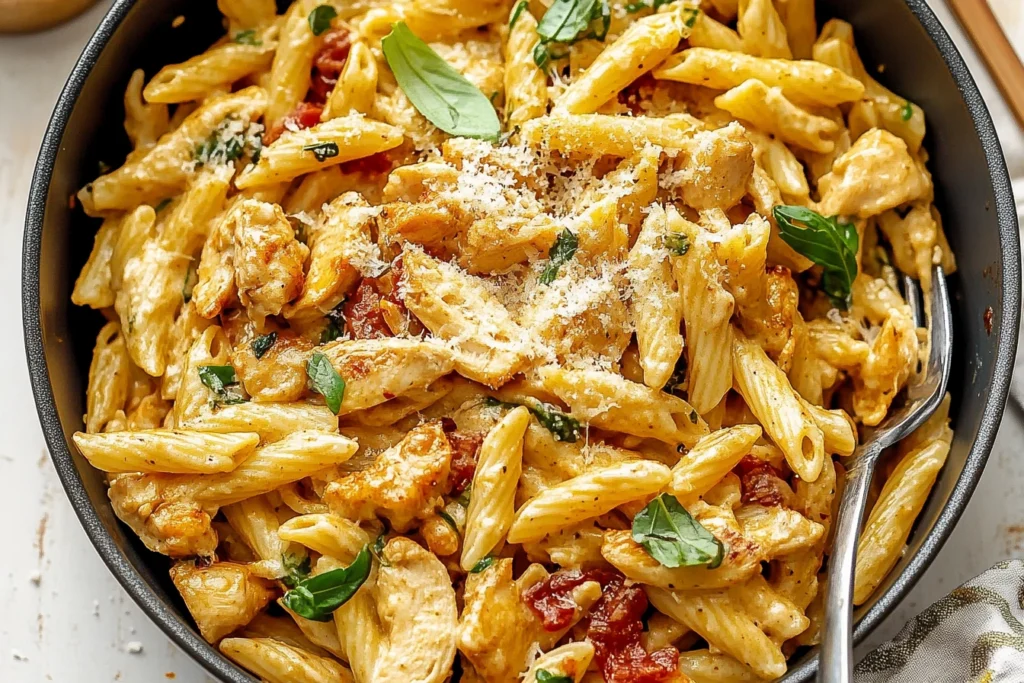 Golden-brown chicken breasts searing in a skillet for Marry Me Chicken Pasta.