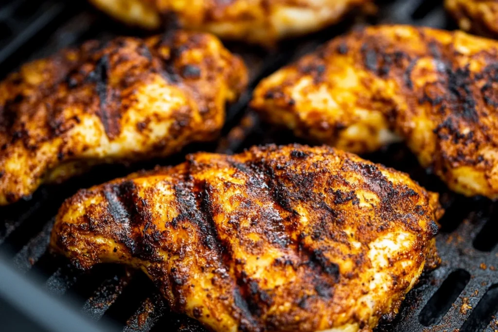 Chicken cooking inside an air fryer basket for grilled chicken in air fryer.