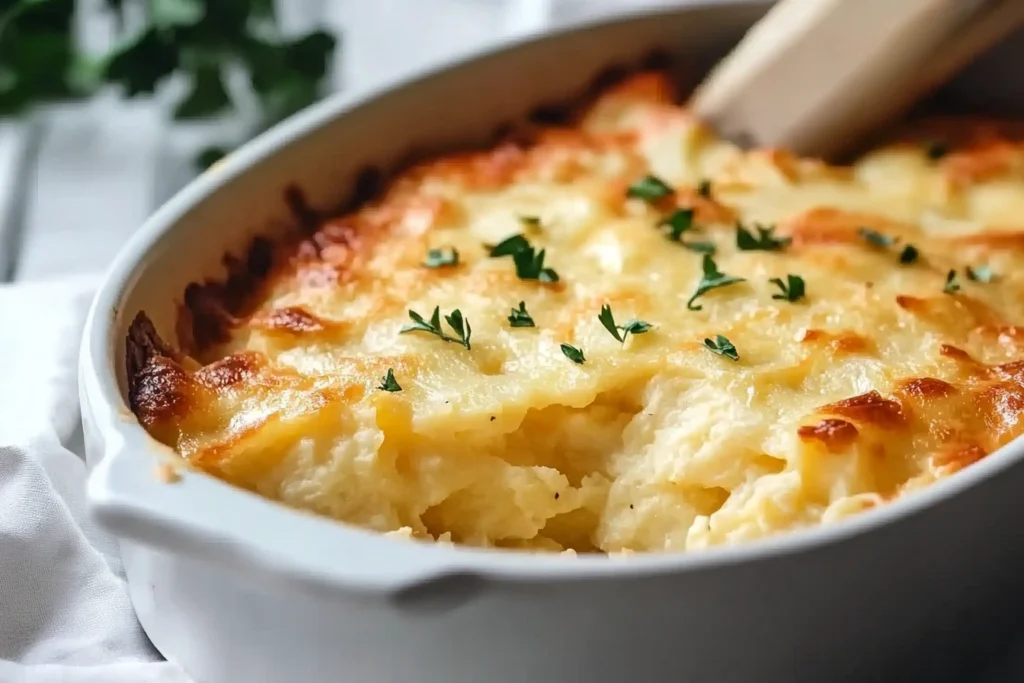 Cheesy scalloped potatoes served in a baking dish with a golden-brown crust.