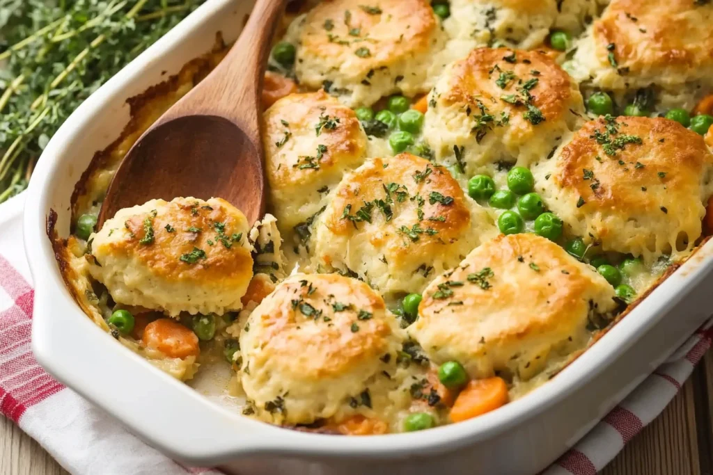 Chicken Pot Pie Casserole with golden biscuits on top.