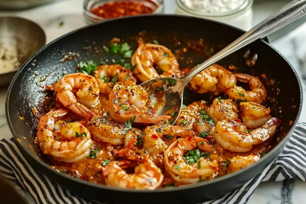 Flavorful Cajun shrimp cooked in a skillet with golden sear and vibrant spices.