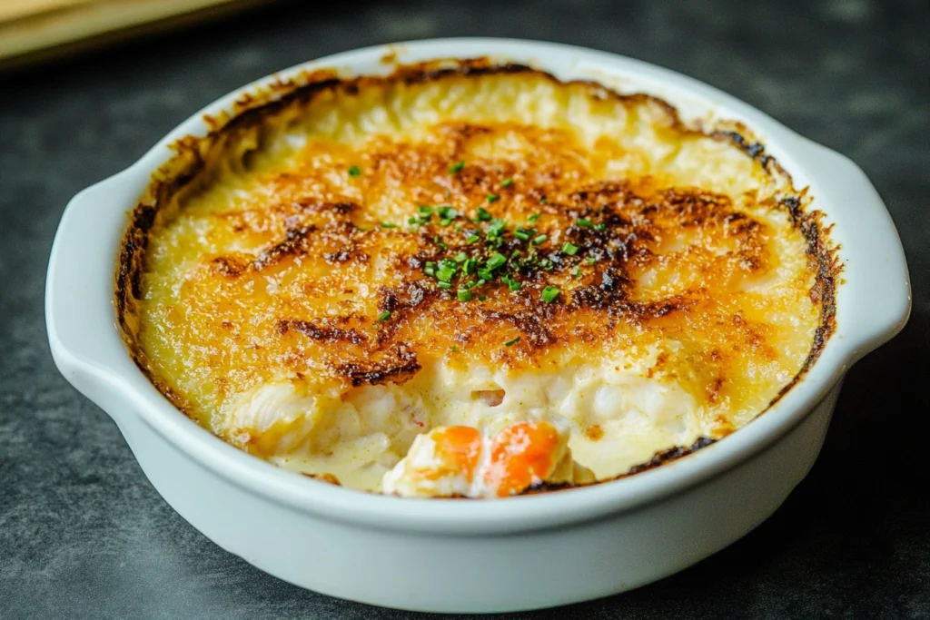 A ramekin of crab brulee with caramelized sugar topping, garnished with fresh crab meat and parsley.