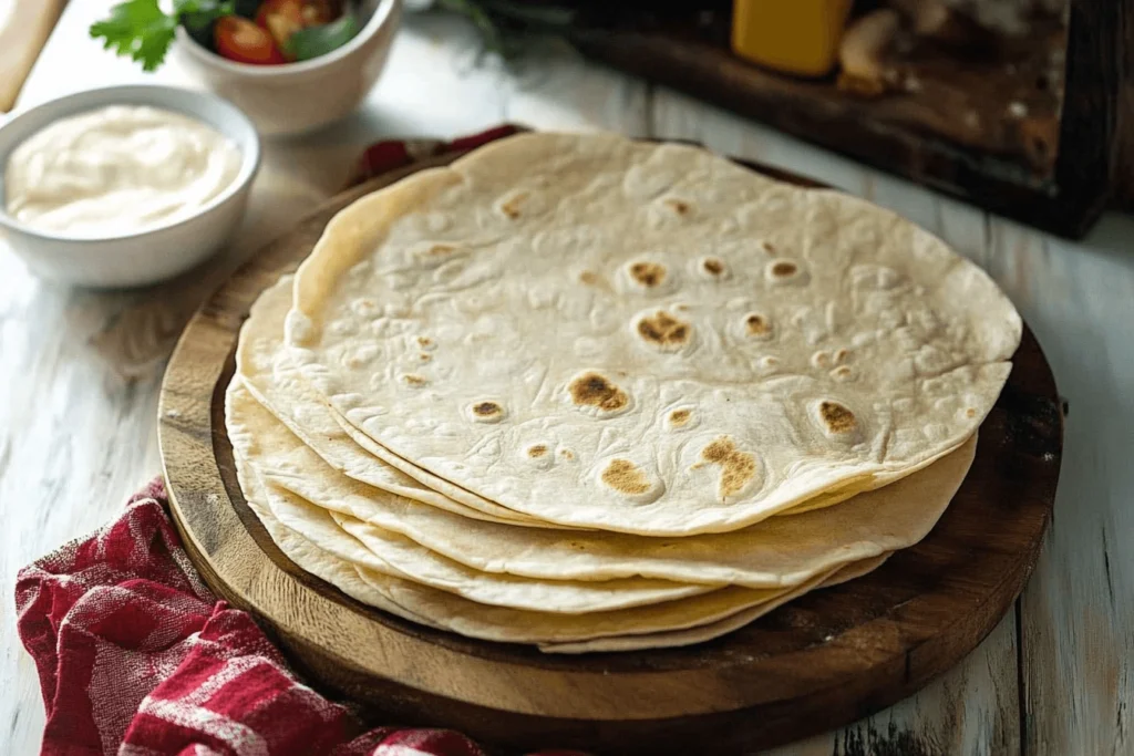 Rolling out tortilla dough for baking powder-free tortillas.