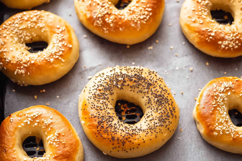 Freshly cooked golden air fryer bagels on a wire rack.