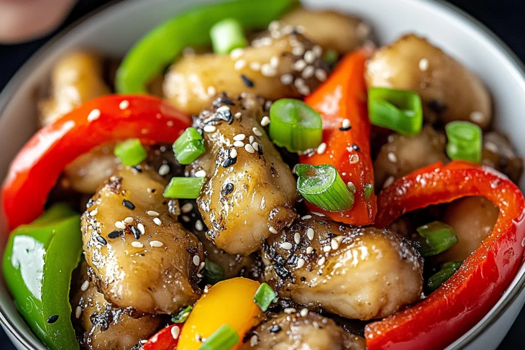 Marinated chicken cooking in a skillet for the Delicious Black Pepper Chicken Recipe.