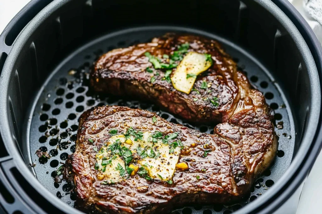 Seasoned steak ready for the air fryer.