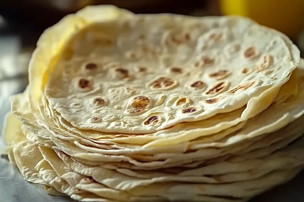 Homemade tortilla cooking in a cast-iron skillet.