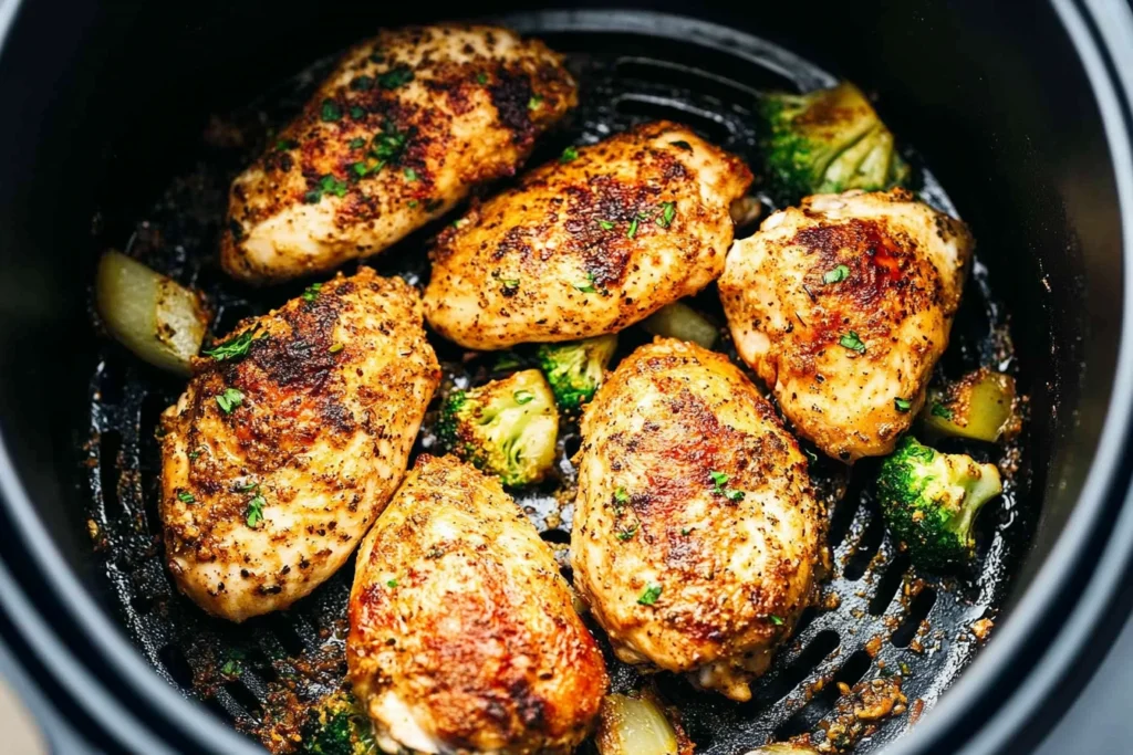 Tender and juicy air fryer chicken served with Brussels sprouts and mashed potatoes.