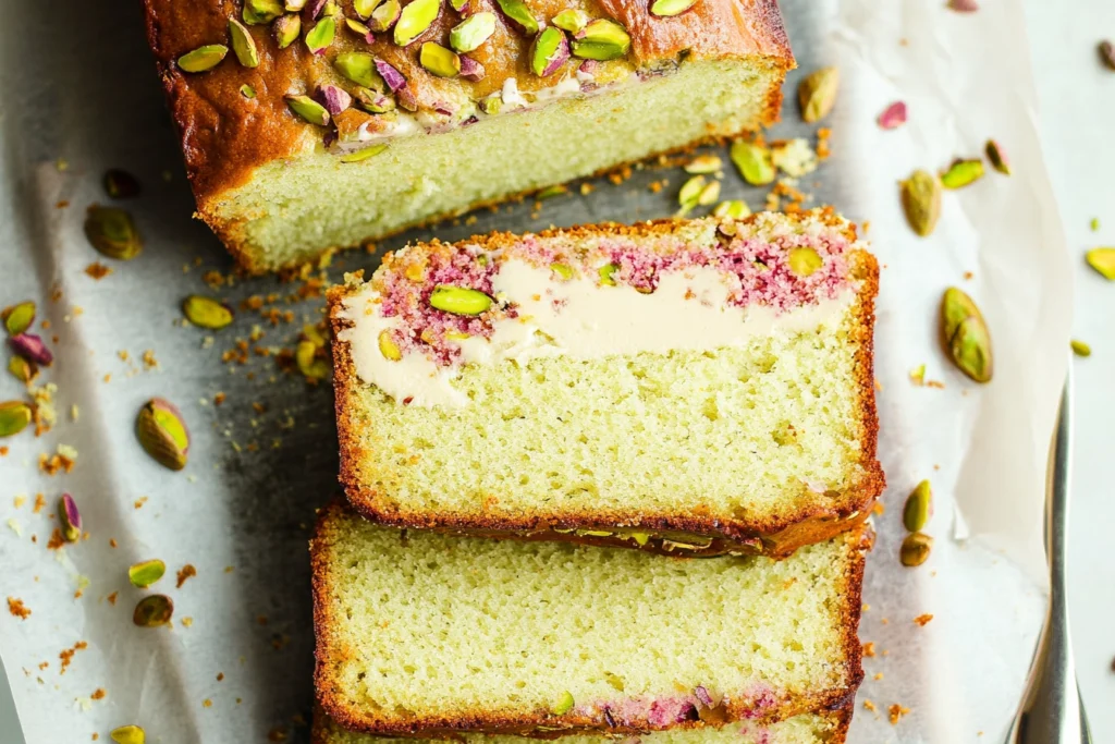 Slices of gluten-free pistachio bread served on a plate