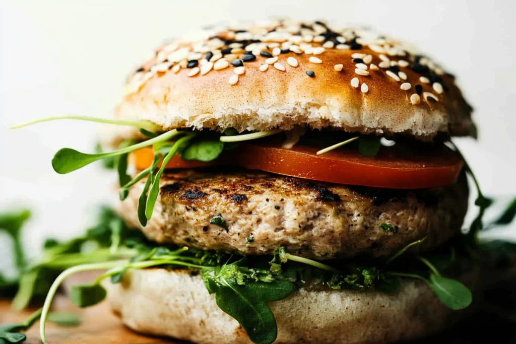 Serving air fryer turkey burgers with sweet potato fries and a side salad