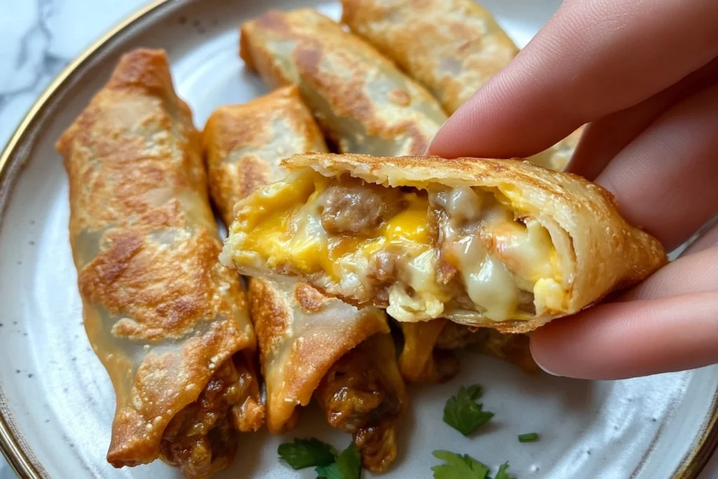 Plate of cheeseburger egg rolls served with ketchup and mustard dipping sauces.