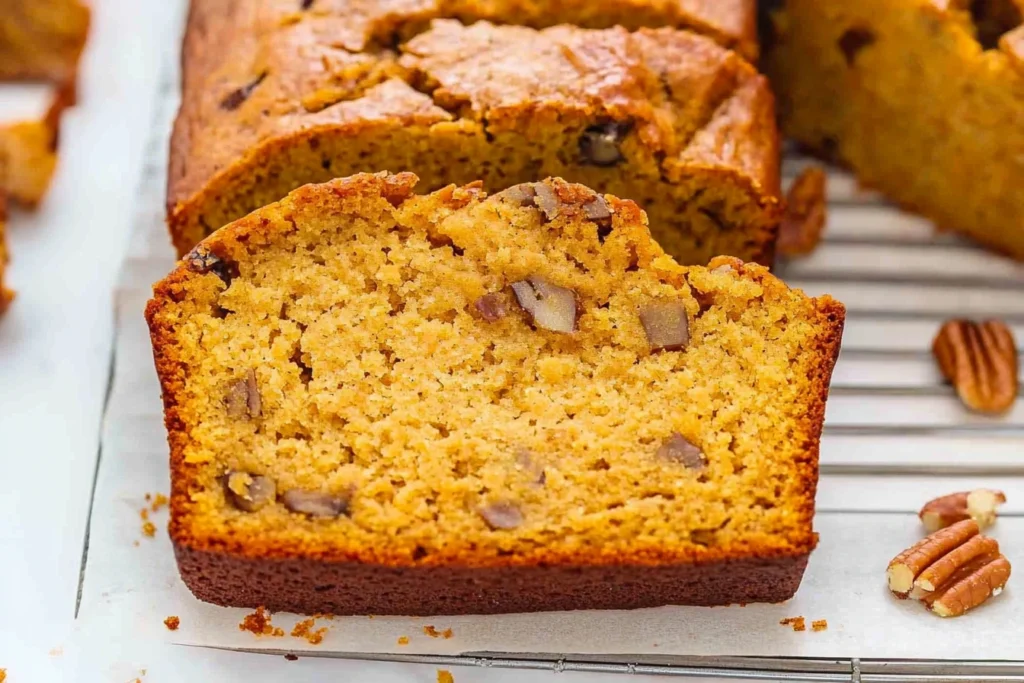 Sliced sweet potato bread with butter and honey spread on a wooden board.