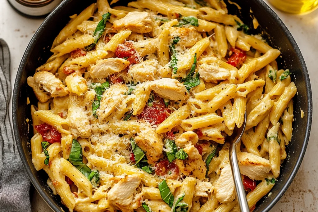 Marry Me Chicken Pasta served in a white bowl garnished with Parmesan and parsley.