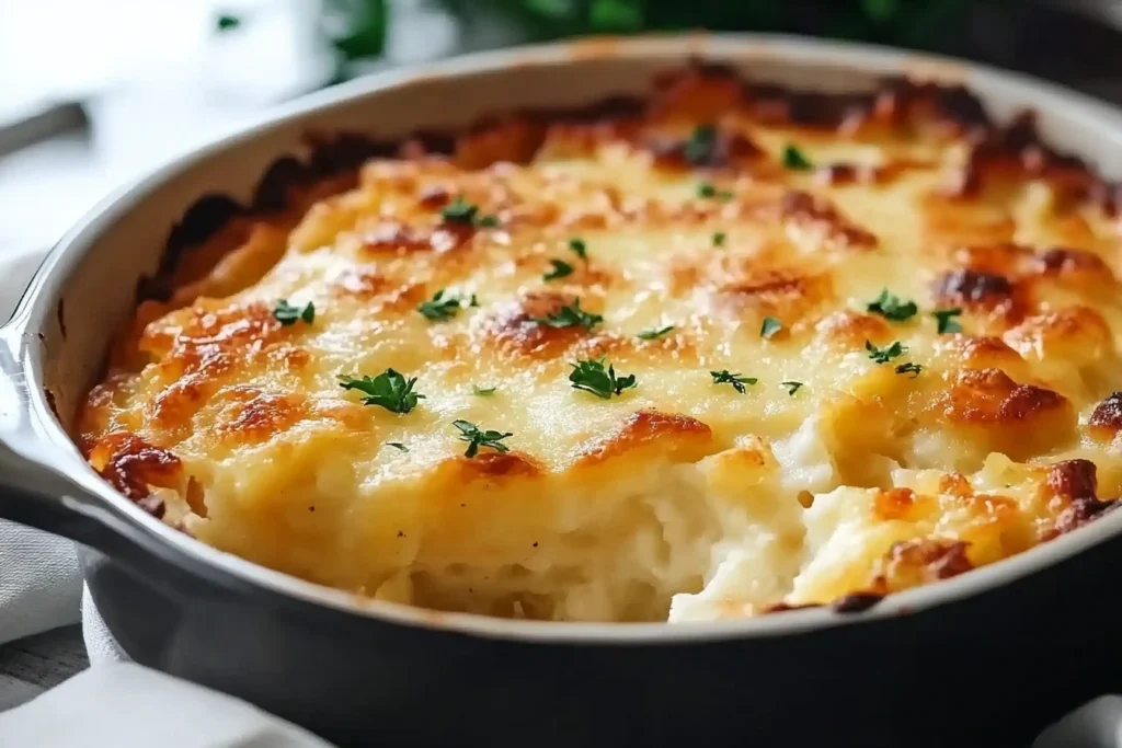 Close-up of cheesy scalloped potatoes showing creamy layers and melted cheese.