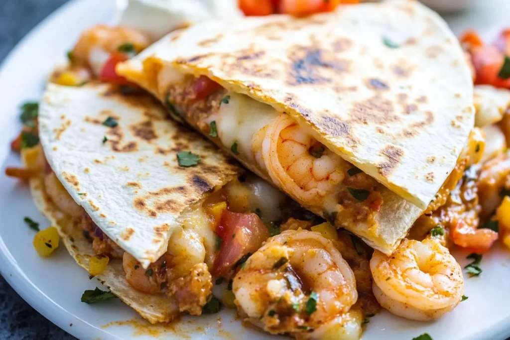 Cooking a shrimp quesadilla in a skillet on the stovetop.