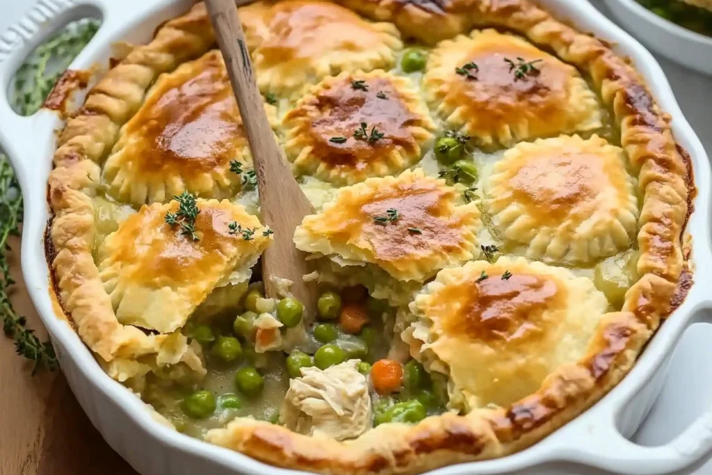 A serving of Chicken Pot Pie Casserole with creamy chicken filling.