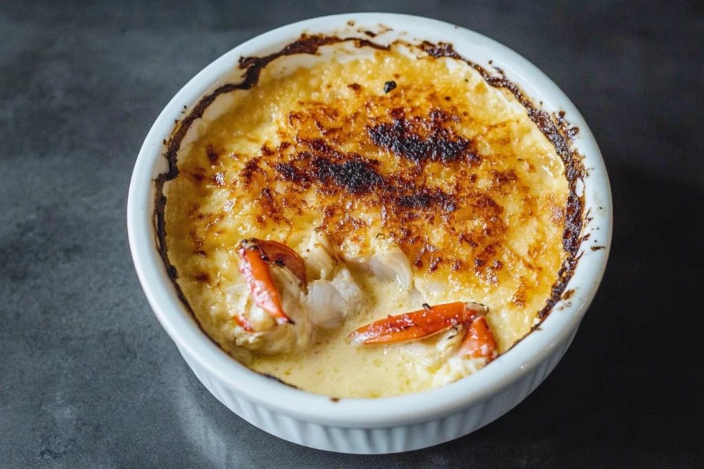 Ingredients for crab brulee, including Dungeness crab meat, heavy cream, egg yolks, sugar, and seasoning, arranged on a kitchen counter.