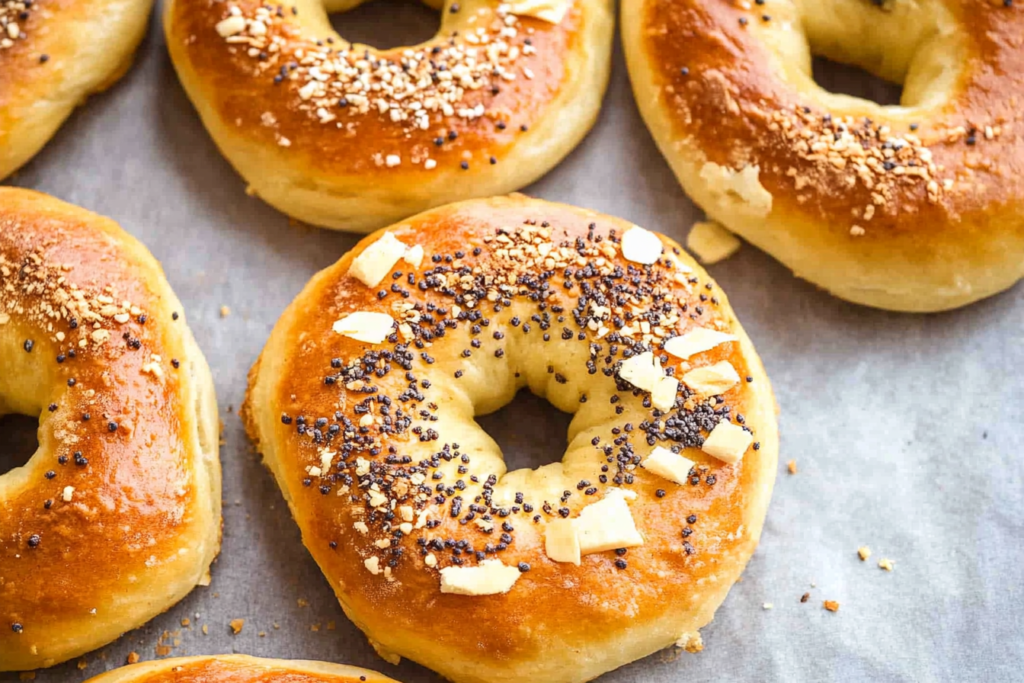 Air fryer bagel served with cream cheese and fresh toppings.