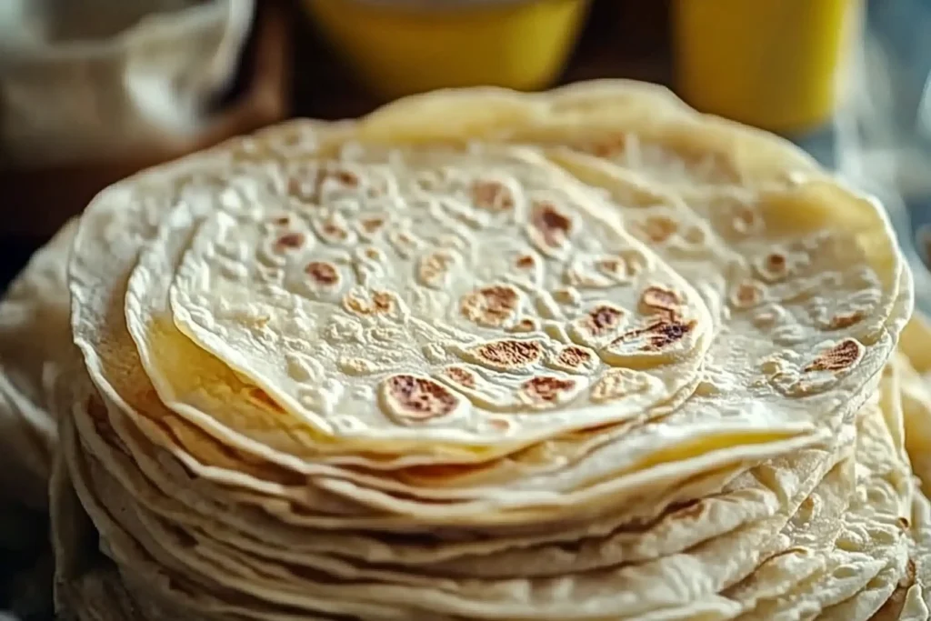 Stack of freshly cooked homemade tortillas wrapped in a towel.