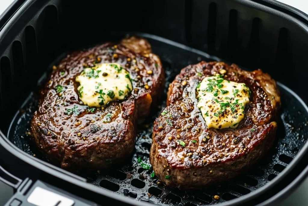 Air Fryer Steak served with garlic butter and herbs.