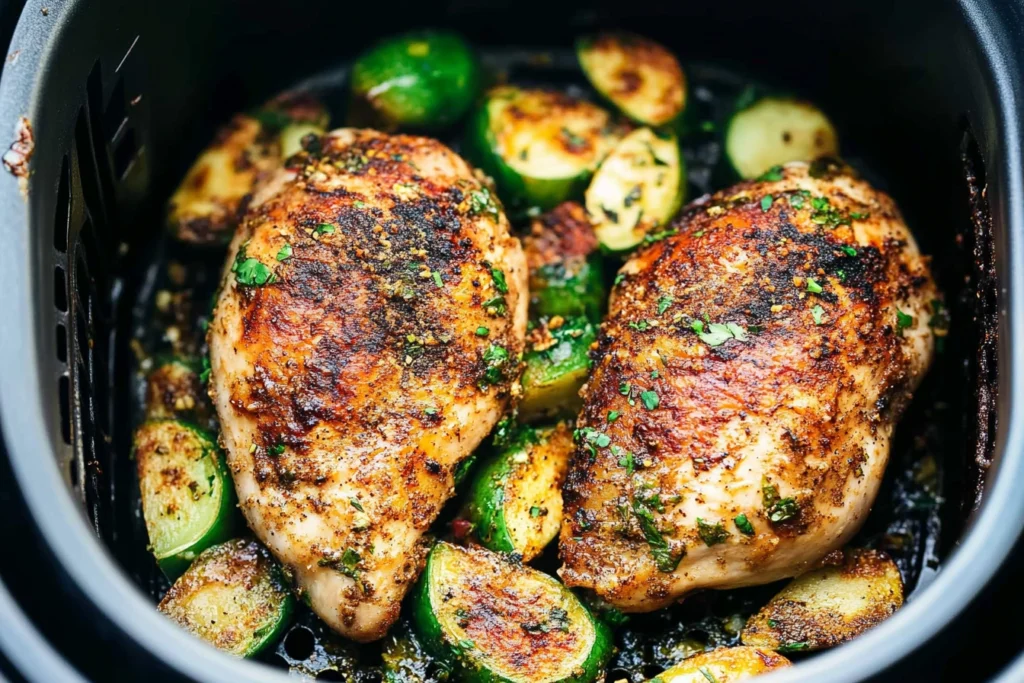 Seasoning tender and juicy air fryer chicken with spices and olive oil.