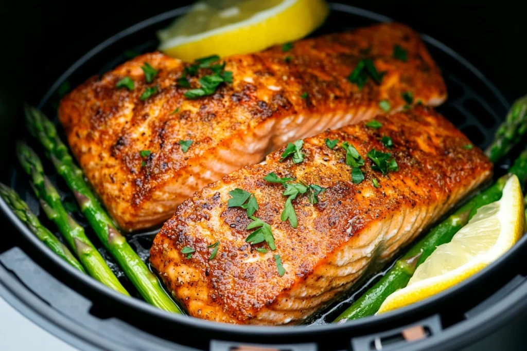 Air fryer salmon served with roasted asparagus and lemon slices.