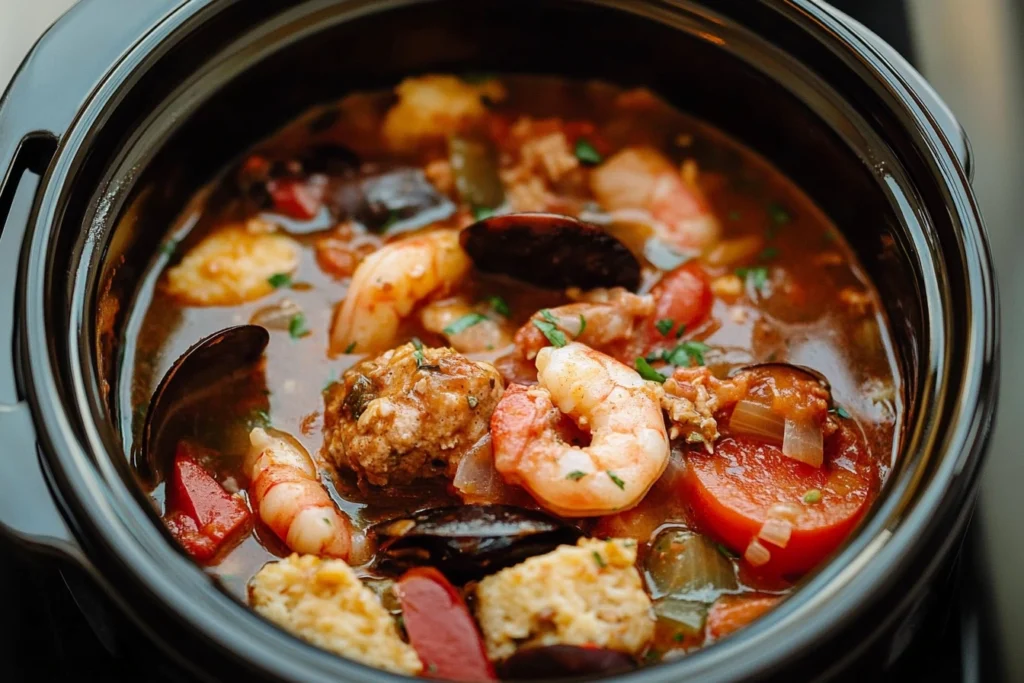 Slow Cooker Jambalaya cooking with chicken, sausage, and rice.