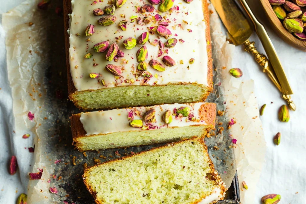 Gluten-free pistachio bread served with honey and berries